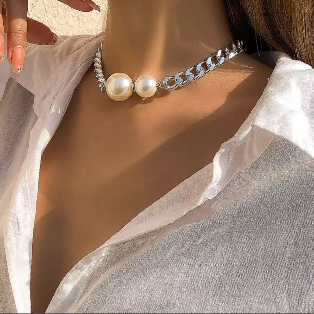 Anthropologie Pearl Silver Chain Statement Necklace